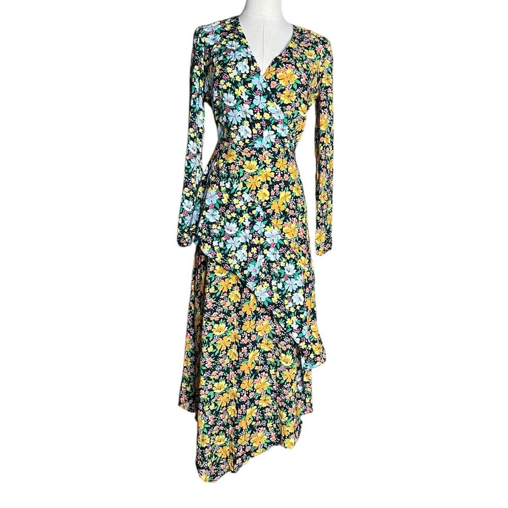 Maje Roen Black Floral Asymmetric Hem Faux Wrap Midi Dress Size 1 Small $415